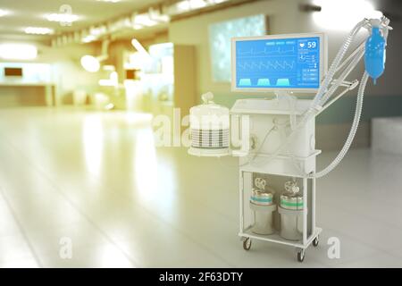 ICU künstlicher Lungenventilator mit fiktivem Design im modernen Krankenhaus mit Softfokus - STOP 2019-ncov Konzept, medizinische 3D Illustration Stockfoto