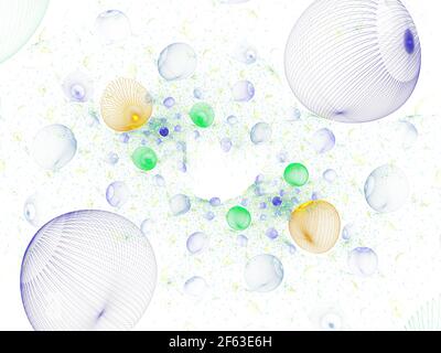 Durchscheinende, blasen Textur mit Glanz. Helle, bunte Bunches von 3D Kugeln (computergenerierter, fraktaler abstrakter Hintergrund) Stockfoto