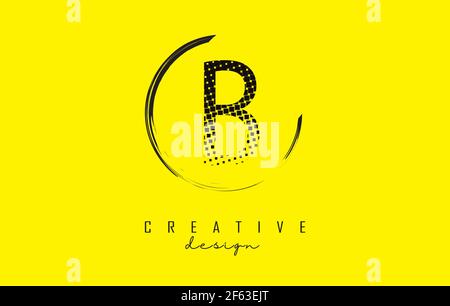 Schwarzes B-Letter Logo Design mit schwarzen Punkten und Kreisrahmen auf hellgelbem Hintergrund. Kreative Vektor-Illustration mit rosa Farbe und Buchstabe B. Stock Vektor