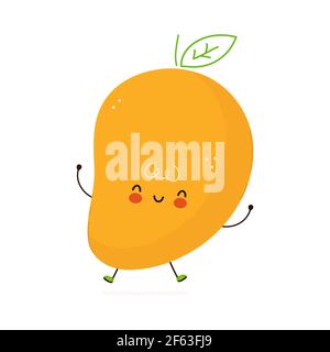 Nette lustige Mango Frucht Charakter. Vektor Hand gezeichnet Cartoon kawaii Charakter Illustration Symbol. Isoliert auf weißem Hintergrund. Konzept mit Mangofrucht-Charakter Stock Vektor