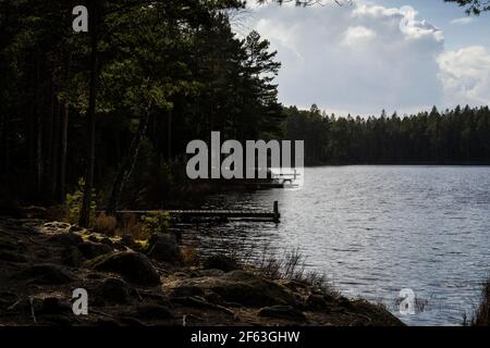 See, Brücke und Wald am Frühlingsabend in Katrineholm Schweden. Schöne skandinavische Natur und Landschaft. Ruhiges, friedliches Foto. Stockfoto