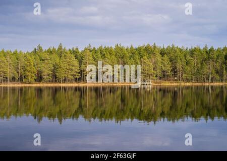 See und Wald am Frühlingsabend in Katrineholm Schweden. Schöne skandinavische Natur und Landschaft. Ruhiges, friedliches Foto. Stockfoto
