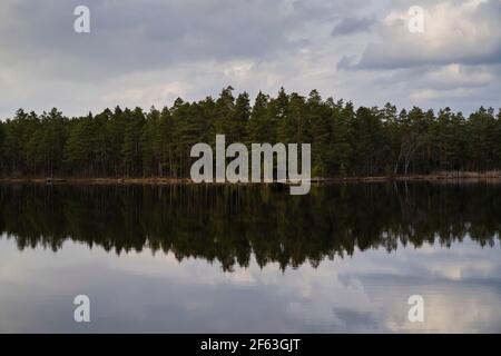 See und Wald am Frühlingsabend in Katrineholm Schweden. Schöne skandinavische Natur und Landschaft. Ruhiges, friedliches Foto. Stockfoto