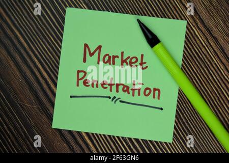 Marktdurchdringung Schreiben Sie auf Haftnotizen isoliert auf Holztisch. Stockfoto