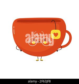 Niedliche traurig Tee Tasse Charakter. Vektor Hand gezeichnet Cartoon kawaii Charakter Illustration Symbol. Isoliert auf weißem Hintergrund. Teetasse Charakter Konzept Stock Vektor