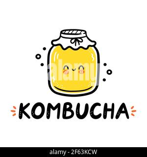 Kombucha Zitat und niedlich glücklich jar Logo. Vektor Hand gezeichnet Cartoon Figur Illustration. Isoliert auf weißem Hintergrund. Kombucha Druck für T-Shirt, Poster, Karte Logo Konzept Stock Vektor