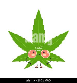 Niedliche traurig Weed Marihuana Blatt Charakter. Vektor Hand gezeichnet Cartoon kawaii Charakter Illustration Symbol. Isoliert auf weißem Hintergrund. Unkraut Marihuana Blatt Charakter Konzept Stock Vektor