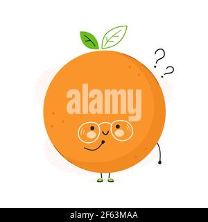 Nette lustige Orange Frucht mit Fragezeichen. Vektor Hand gezeichnet Cartoon kawaii Charakter Illustration Symbol. Isoliert auf weißem Hintergrund. Orange Fruit Think Konzept Stock Vektor