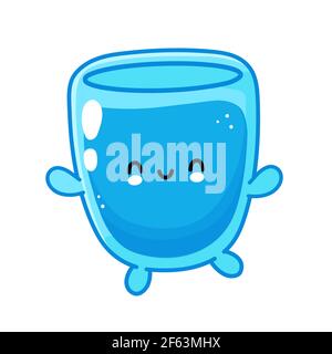 Nette lustige glücklich Wasser Glas Charakter. Vektor flache Linie Cartoon kawaii Figur Illustration Symbol. Isoliert auf weißem Hintergrund. Wasserglas Charakter Logo Konzept Stock Vektor