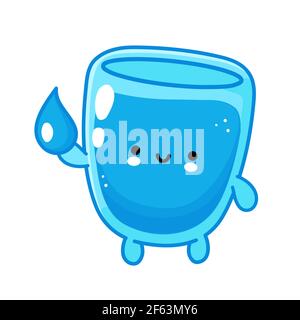 Nette lustige glücklich Wasser Glas Charakter halten aqua Drop. Vektor flache Linie Cartoon kawaii Figur Illustration Symbol. Isoliert auf weißem Hintergrund. Wasserglas Charakter Konzept Stock Vektor