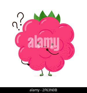 Nette lustige Himbeere mit Fragezeichen. Vektor Hand gezeichnet Cartoon kawaii Charakter Illustration Symbol. Isoliert auf weißem Hintergrund. Raspberry Think Konzept Stock Vektor