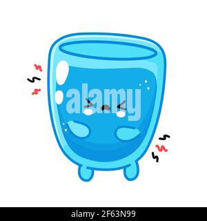 Niedliche lustige traurig Wasserglas Charakter. Vektor flache Linie Cartoon kawaii Figur Illustration Symbol. Isoliert auf weißem Hintergrund. Wasserglas Charakter Konzept Stock Vektor