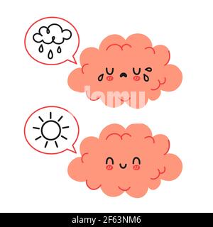 Nette lustige Gehirn Charakter und Sprechblase mit Sonne und regen Wolke. Vektor Cartoon kawaii Figur Illustration Symbol. Isoliert auf weißem Hintergrund. Gehirn traurig und glücklich Stimmung Charakter Konzept Stock Vektor