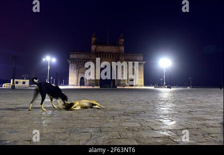 Mumbai, Indien. März 2021, 28th. MUMBAI, INDIEN - MÄRZ 28: Gateway of India verlassen nach einer Nachtruhe zwischen 8:00 Uhr bis 7:00 Uhr trat in Kraft, am 28. März 2021 in Mumbai, Indien. (Foto: Anshuman Poyrekar/Hindustan Times/Sipa USA) Quelle: SIPA USA/Alamy Live News Stockfoto