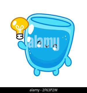 Nette lustige glücklich Wasser Glas Charakter mit Idee Glühbirne. Vektor flache Linie Cartoon kawaii Figur Illustration Symbol. Isoliert auf weißem Hintergrund. Wasserglas Charakter Konzept Stock Vektor