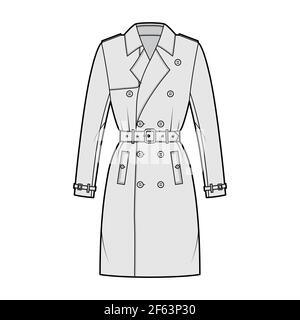 Trenchcoat technische Mode-Illustration mit Gürtel, zweireihig, tailliert, lange Ärmel, napoleon breiten Reverskragen. Flache Jacke Schablone vorne, graue Farbe Stil. Damen Unisex Top CAD Mockup Stock Vektor