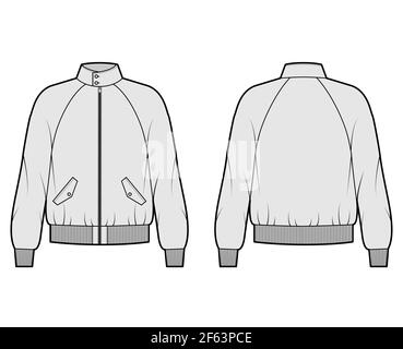 Harrington Bomber Jacke mit Reißverschluss technische Mode-Illustration mit Rippenbündchen, Bund, übergroßen Pattentaschen. Flache Mantelschablone vorne, hinten, grau. Damen Herren Unisex TOP CAD Mockup Stock Vektor