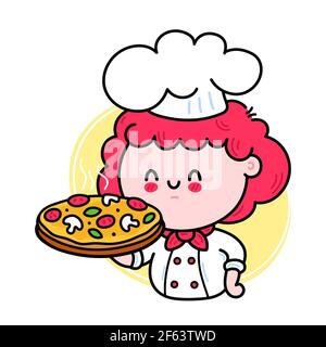 Nette lustige Koch kochen Mädchen Charakter serviert Pizza. Vektor Hand gezeichnet Cartoon kawaii Charakter Illustration Symbol. Isoliert auf weißem Hintergrund. Nette Kawaii Frau kochen Charakter mit Pizza-Logo-Konzept Stock Vektor