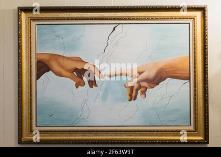 Die Schaffung von Adam Gemälde von Michelangelo Buonarroti Stockfoto