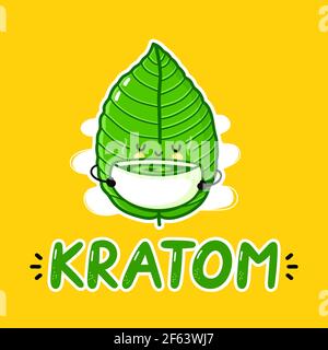 Niedliche lustige Kratom Blatt trinken Tee Charakter Logo-Design. Vektor flache Linie Cartoon kawaii Figur Illustration Symbol. Kratom Blatt Zeichen Logo Vorlage Konzept Stock Vektor