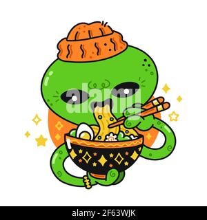 Nette lustige glücklich alien essen asiatische Ramen mit Essstäbchen. Vektor flache Linie Cartoon kawaii Figur Illustration Symbol. Isoliert auf weißem Hintergrund. Alien, japanisch, koreanisch, chinesisch Essen Konzept Stock Vektor