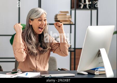 Freudig einflussreiche angenehm grauhaarige asiatische Geschäftsfrau, Top-Manager sitzt im Büro am Arbeitsplatz, haben guten Gewinn, Sieg, glücklich mit Erfolg, gestikulieren mit Händen, Fröhlicher Gesichtsausdruck Stockfoto