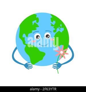 Cute Earth Planet Charakter hält Blume isoliert auf weißem Hintergrund. Tag der Erde, achten Sie auf das Umweltkonzept. Vektorgrafik flach. Stock Vektor