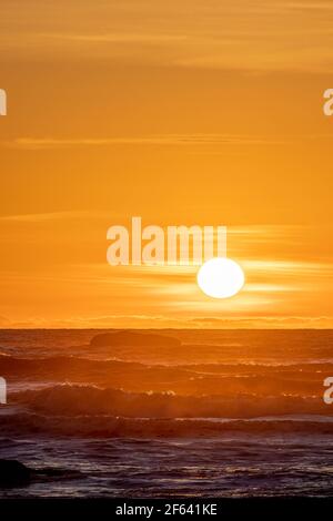 Sonnenuntergang entlang der zerklüfteten Küste von Washington am Ruby Beach im Olympic National Park. Stockfoto