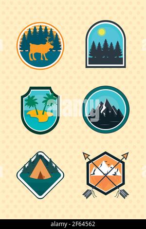 Camping und Strand Patches Set Stock Vektor