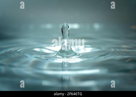 Moment der Kollision von Wassertropfen auf rosa Hintergrund. Abstrakter natürlicher Hintergrund Stockfoto