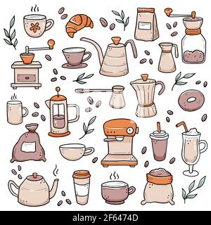 Handgezeichnetes Set aus verschiedenen Arten Kaffeetasse, Tasse, Topf, Kaffeemaschine. Doodle-Skizzenstil. Isolierte Vektor-Illustration für Café, Café, Restaurant-Menü, Symbol, Hintergrund. Stock Vektor