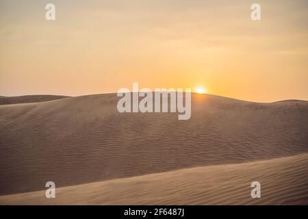 Wüste - Globale Erwärmung. Riesige Dünen der Wüste. Schöner Ort für Fotografen und Reisende. Schöne Strukturen von sandigen Barkhans Stockfoto