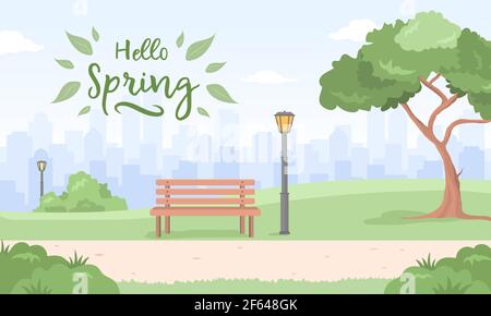 Frühling Stadtlandschaft. Stadtpark. Vektor-Illustration in flachen Cartoon-Stil Stock Vektor