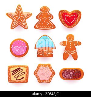 Lebkuchen, Cartoon Süßigkeiten in Form von Stern, weihnachtsbaum und Herz, Ingwer Mann und Haus. Dekoriertes Gebäck mit Glasur und Streuseln isoliert auf weißem Hintergrund, Vektor-Illustration, Set Stock Vektor