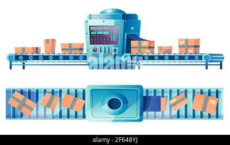 Förderband mit Kartons in Fabrik, Werk, Lager oder Post. Automatisierte Produktionslinie mit Waren oder Produktverpackungen isoliert auf weißem Hintergrund, Cartoon-Vektor-Illustration Stock Vektor