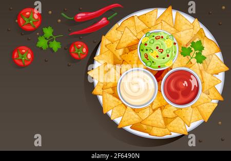 Gericht mit Nacho-Chips und Saucen in Schüsseln, mexikanisches Essen mit Dressings. Vektor Cartoon Hintergrund mit Mais Tortilla Dreieck Chips auf Platte mit Salsa, Ketchup, Mayonnaise und Guacamole Stock Vektor