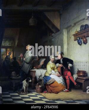 Inn Interieur mit Figuren in siebzehnten Jahrhundert Kostüm. An einem Tisch umwirbt ein junger Mann eine junge Frau. Links ein Mann, der eine Pfeife raucht, ein Hund s Stockfoto