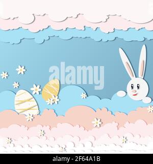 Osterkarte mit Hase und Eiern auf blauem Hintergrund. Papier ausgeschnitten Stil. Frohe Ostern Konzept. Vektorgrafik Stock Vektor