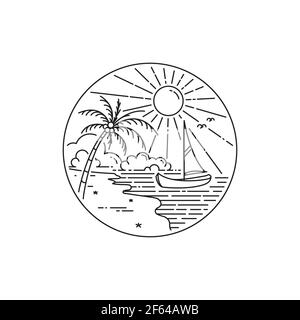 Segelboot Design Logo auf tropischen Strand Insel. Tropische Insel Monoline Design isoliert auf weißem Hintergrund Stock Vektor