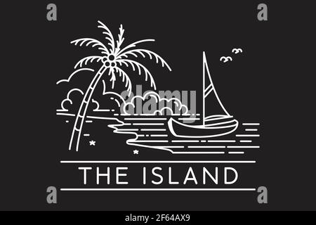 Segelboot auf einer tropischen Strandinsel. Tropische Insel Monoline Design Vektor-Illustration isoliert auf schwarzem Hintergrund Stock Vektor