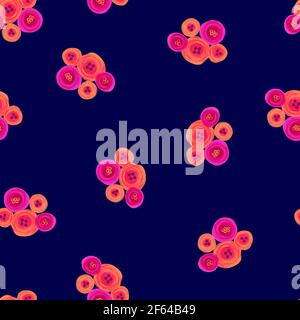 Abstrakt rosa orange bemalte Blumen auf blauem nahtlosen Hintergrund. Florales Rappormuster. Modernes Ditsy-Muster. Nahtlose Textur. Oberflächenmuster Stockfoto