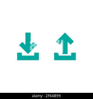 Blauer dünner Pfeil nach oben in der Box Pfeil nach unten. Flache Symbole auf weiß isoliert gesetzt. Point Down-Taste. südschild. Upload-Symbol. Upgrade, Download, Freigabe Stock Vektor