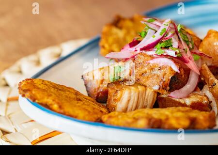 Ein Teller gebratenen Kochbananen serviert mit geschreddertem Rindfleisch beträufelt Mit Zwiebel- und Limettensauce-Makro Stockfoto