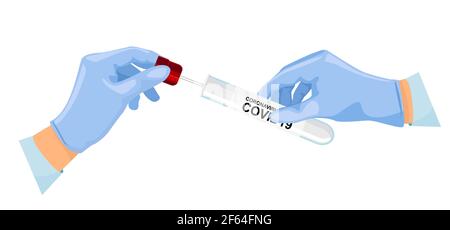 Bei der Durchführung von Tests, Abstrich für Coronavirus aus einem medizinischen Labor in der Hand eines Arztes. Diagnose des Coronavirus durch Speichel aus einem Reagenzglas. Testen Stock Vektor