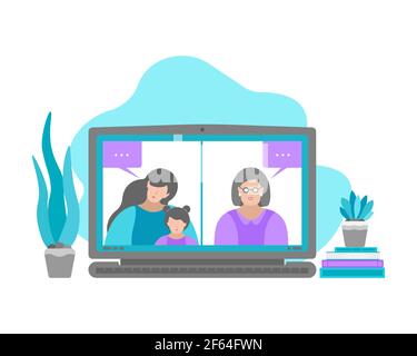 Vektor isolierte flache Illustration. Laptop und ältere Großmutter und ihre Tochter mit Baby auf dem Bildschirm online per Video-Chat in Quarantäne Zeit reden. Stock Vektor