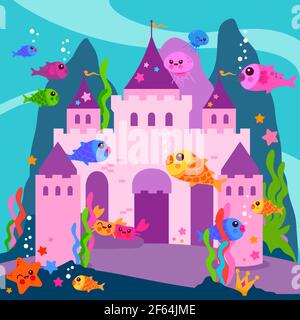 Wunderschöne Unterwasserburg und Meerestiere im Meeresboden. Hübscher farbenfroher Turm unter dem Meer mit den Fischen. Stockfoto
