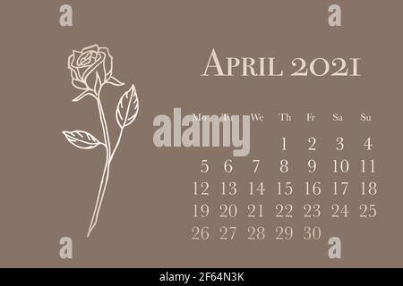 Eine Seite aus dem Kalender für April 2021 zum Ausdrucken. Stockfoto