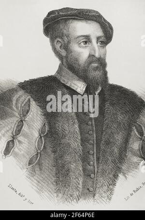 Andres Laguna de Segovia (1510-1559). Spanischer humanistischer Arzt und Arzt. Portrait von Llanta. Lithographie. Cronica General de España, Historia Ilustrada y Descriptiva de sus Provincias. Castilla-La Vieja, 1870. Stockfoto