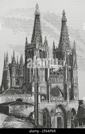 Spanien, Burgos. Kathedrale der Heiligen Maria. Außenansicht. Gravur. Cronica General de España, Historia Ilustrada y Descriptiva de sus Provincias. Castilla-La Vieja, 1870. Stockfoto