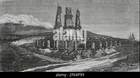 Spanien, Burgos. Solar del Cid. Denkmal erbaut im Jahr 1784 von José Cortés. Obwohl es keine historischen Beweise gibt, markiert diese Seite den Ort, an dem sich das Haus von El Cid befand. Illustration von E. Barrio. Gravur von Sierra. Crónica General de España, Historia Ilustrada y Descriptiva de sus Provincias. Castilla-La Vieja, 1870. Stockfoto